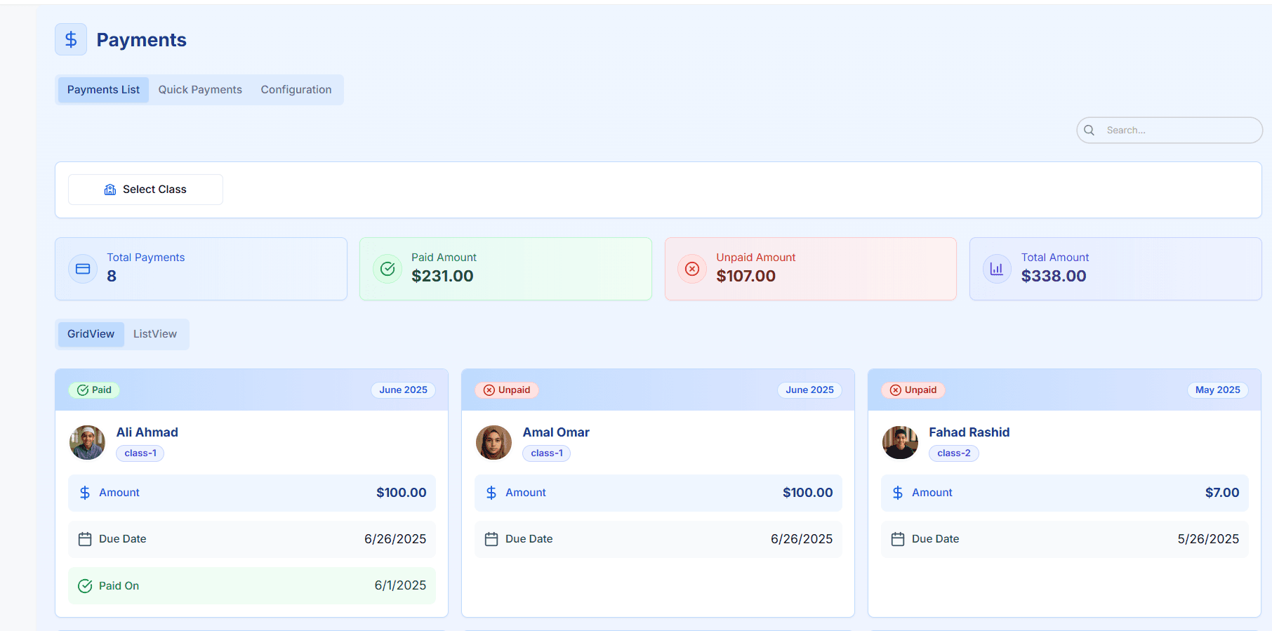 Student Payment Grid View