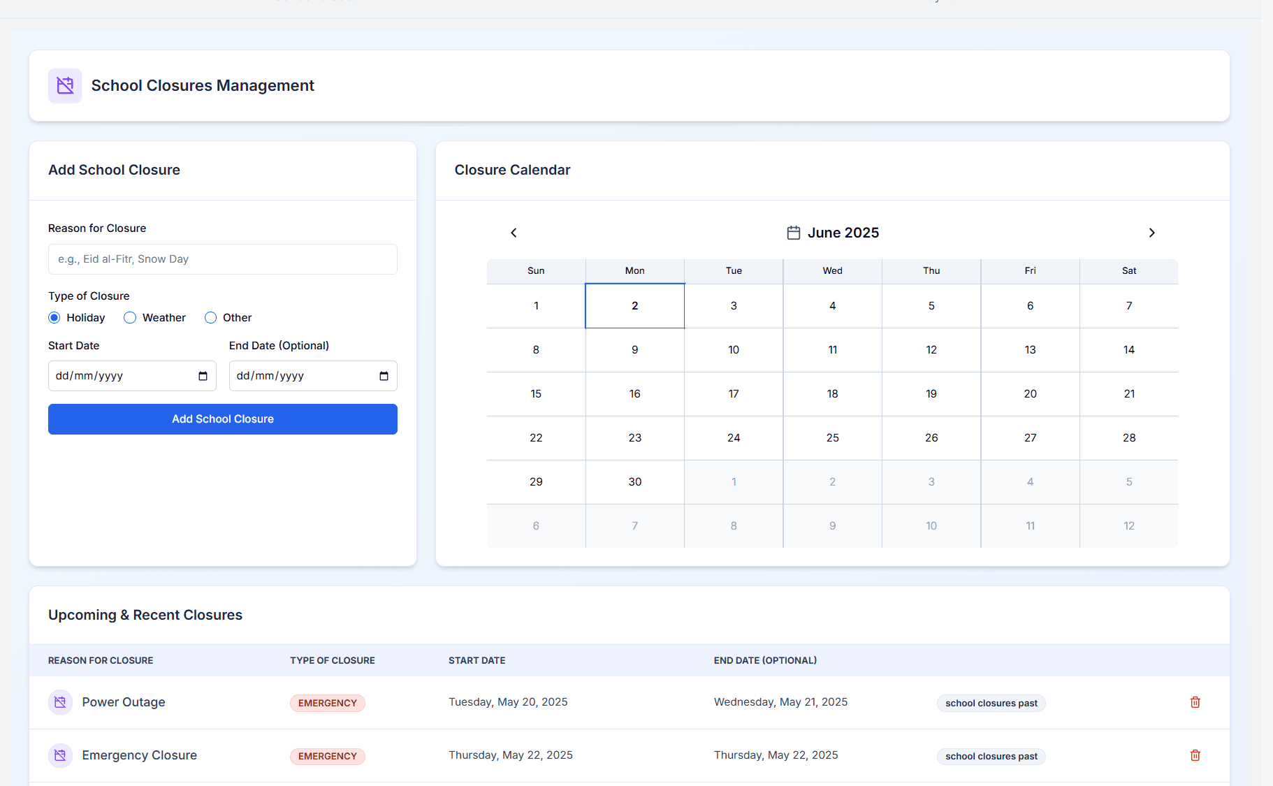 School Closures Management Dashboard